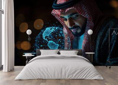 A man in traditional Arab clothing looks intently at a digital globe on his phone, conveying global connectivity. Wall mural