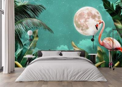 A pink flamingo standing in a tropical jungle under a large full moon. Wall mural