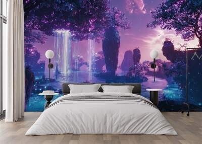 A surreal landscape with a waterfall, glowing water, and a purple sky. Wall mural