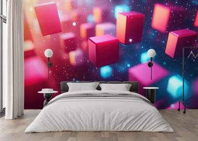 Abstract background with pink and blue cubes and glowing particles. Wall mural