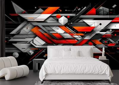 Abstract geometric design with intersecting lines, shapes, and colors, creating a dynamic and modern visual. Wall mural