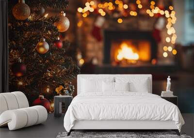 Christmas tree ornaments in front of a fireplace. Wall mural