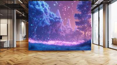 Enchanting night forest with glowing pink and blue lights. Wall mural