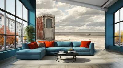 Lonely, weathered building stands on a vast, sandy beach with a cloudy sky and a distant horizon. Wall mural