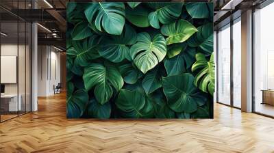 Lush green tropical leaves in a vibrant close-up. Wall mural