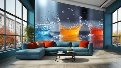 Three colorful water droplets splash and create abstract shapes. Wall mural