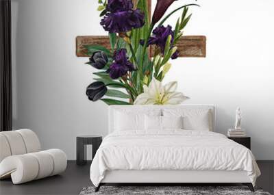 Christian wooden cross decorated with flowers and leaves Wall mural