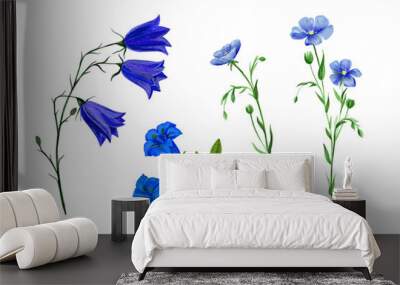 Set of wild field flowers and herbs, watercolor Wall mural