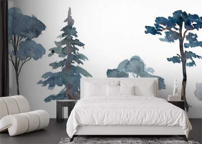 Snowy trees and shrubs, winter scene elements, bluish winter forest Wall mural