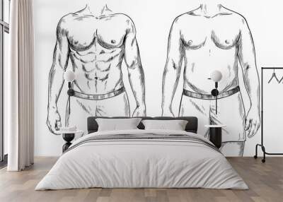 Two men bodies, fit and fat, ink sketch, Wall mural