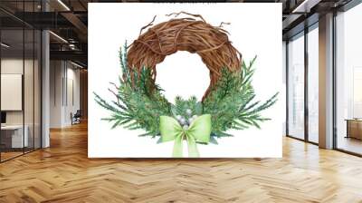 Wooden christmas wreath, hand drawn vector watercolor Wall mural