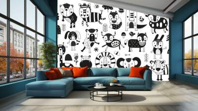 Black and white scandinavian monochrome prints animals set. Doodle cartoon forest and jungle animals for nursery posters, cards, t-shirts. Vector illustration. Bear, zebra, lion, tiger, croc, hippo. Wall mural