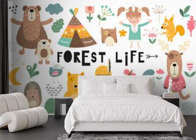 Vector set of woodland animals, kids characters, forest elements and plants in scandinavian style. Kids illustrations isolate on white background. Cute collection for nursery design. Wall mural