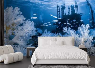 Bleached coral reef with oil rigs in background Wall mural