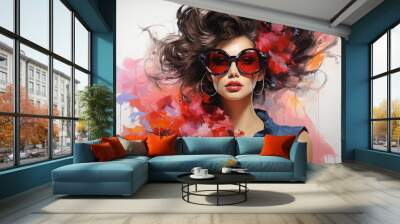 watercolor painting of portrait beautiful girl with a fashion style street art background. Wall mural