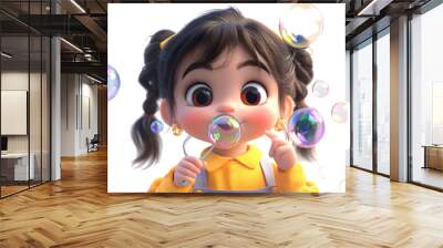 3D catoon little child blowing bubbles, PNG file, transparent background Wall mural