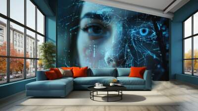 A woman face is shown in a blue digital computer screen reflection Wall mural