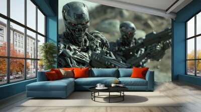 Cyberpunk robot army cyborg carrying weapons action during war. AI generated Wall mural