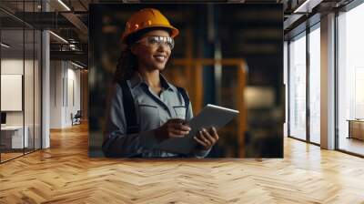 Engineer girls at industrial area. Wall mural