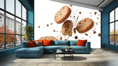 Heap cake scraps, treat flying confined on white, cutting way Wall mural