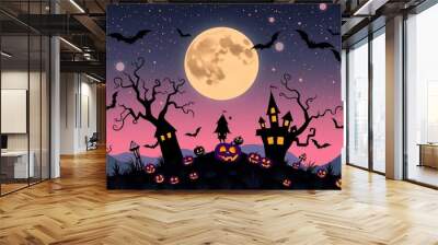 spooky halloween background with castle, bat, pumpkin and moon Wall mural