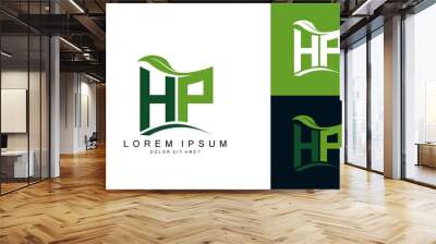 HM logo monogram with green leaf nature organic bio curved shape premium vector design template Wall mural