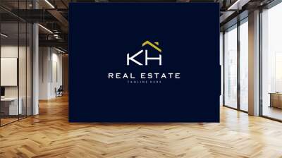 modern KH letter real estate logo in linear style with simple roof building in blue Wall mural