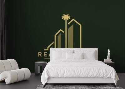 tropical beach estate logo template with palm tree and building architecture icons stock vector illustration Wall mural