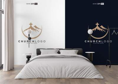 church logo designs with mountain, minimalist logo. People church vector logo design template Wall mural