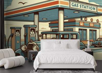 Car gas station in retro style. Classic car with gas station. Vector version.	 Wall mural