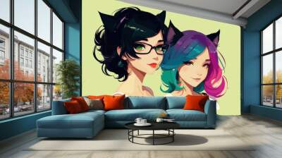 Portrait of two girls with cat ears. Friends, sisters. Teenagers, schoolgirls. Cosplay. Vector illustration isolated on a light background. Book illustration. Wall mural