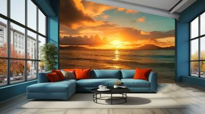 amazing tropical sunset and silhouette of sailing boats Wall mural