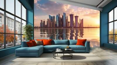 background image of qatar's capital city landmark during sunset. Wall mural