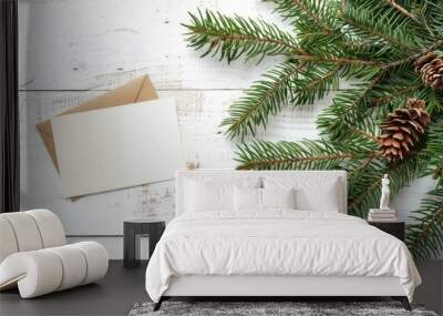 Christmas Card Mockup with Pine Branches and Cones Wall mural