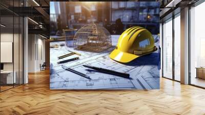 construction plans with yellow helmet and drawing  Wall mural