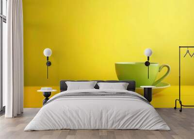 Green tea cup with yellow background Wall mural