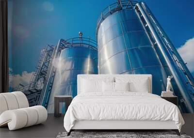 Stainless tanks and pipeline for liquid chemical industrial on blue sky background Wall mural