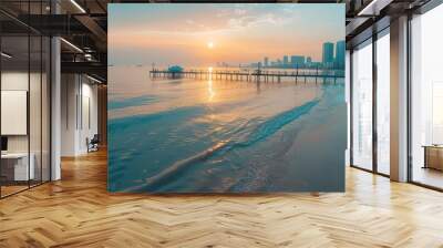 Sunrise over a Coastal City with a Pier Extending into the Ocean Wall mural