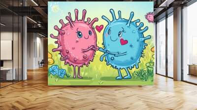 A cartoon illustration of two viruses falling in love. Wall mural