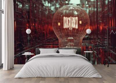 A glowing light bulb in a futuristic cityscape. Wall mural