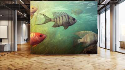 A school of colorful fish swimming in a freshwater aquarium. Wall mural