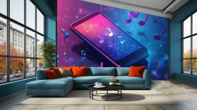 Music notes floating around a smartphone. Wall mural