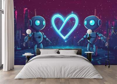 Two robots stand in front of a glowing heart symbol in a futuristic city. Wall mural