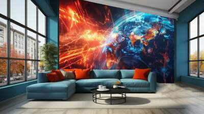 a?'imagine: Abstract depiction of global stocks and technology, vibrant lightning streaks symbolizing international market trends. Wall mural