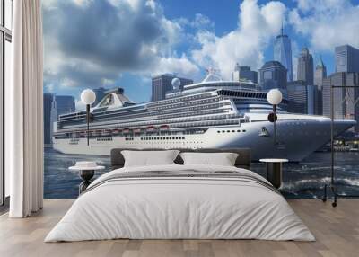 A cruise ship at a bustling port city, skyscrapers and historic buildings creating a stunning backdrop. Wall mural