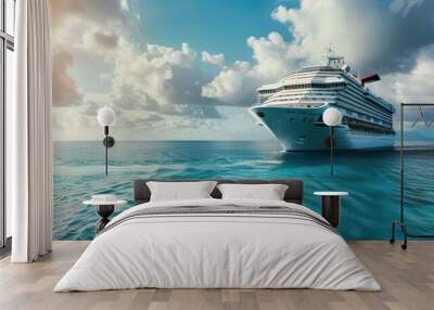 A sleek cruise ship sailing on the pristine, turquoise waters beneath a radiant, sunlit sky. Wall mural