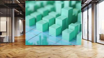 Close-up of 3D mint green blocks depicting a positive stock chart, representing financial success on a blue background. Wall mural