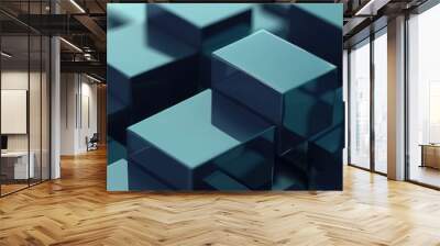 Close-up of 3D navy blocks creating a stock market uptrend, highlighting financial success on a teal background. Wall mural