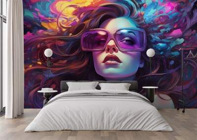 Electric hues of neon purple and turquoise collide in a vibrant explosion of color, infusing the illustration with a sense of dynamism and vitality that captivates the viewer's gaze. Wall mural