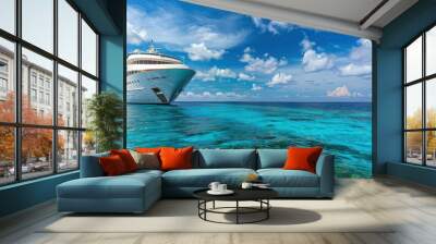 Luxurious cruise ship navigating the vibrant blue waters of the Maldives, with a clear sky and colorful marine life visible below. Wall mural